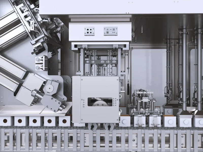Animazione 3D dettagliata della macchina riempitrice RG480 di Galdi, con vista su componenti interni e struttura in acciaio inox. La visualizzazione mostra il funzionamento del macchinario, evidenziando il design innovativo e i dettagli tecnici.