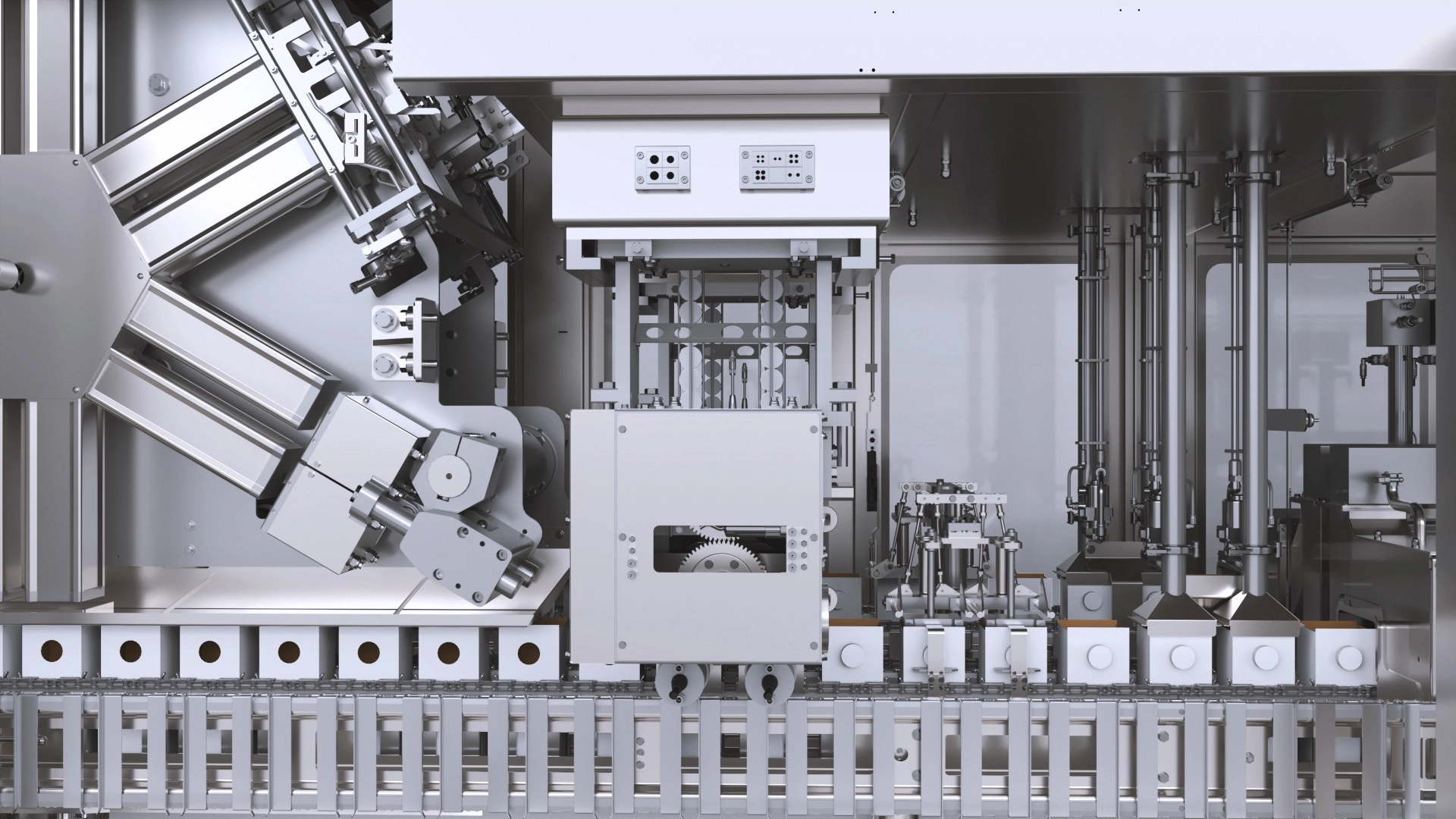 Animazione 3D dettagliata della macchina riempitrice RG480 di Galdi, con vista su componenti interni e struttura in acciaio inox. La visualizzazione mostra il funzionamento del macchinario, evidenziando il design innovativo e i dettagli tecnici.