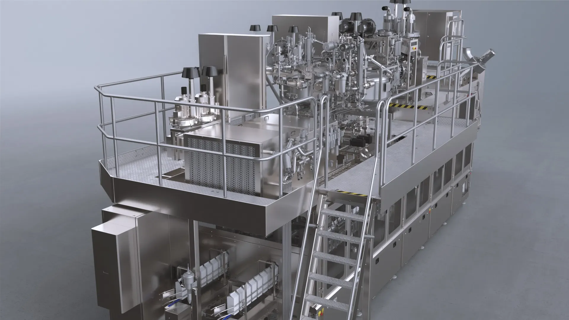 Vista completa della macchina riempitrice RG480 di Galdi. L'animazione 3D mostra il design avanzato e la struttura modulare del macchinario, ottimizzato per l'industria alimentare.
