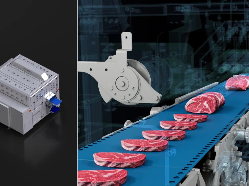 Simulazione 3D industriale sistema di affettamento Grasselli OSL con wireframe tecnico.